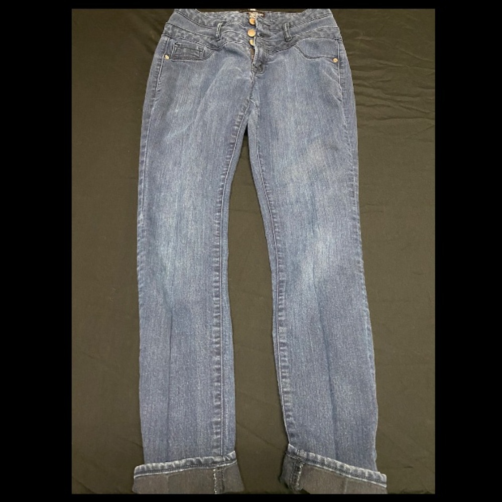 Dark wash high-waisted jeans